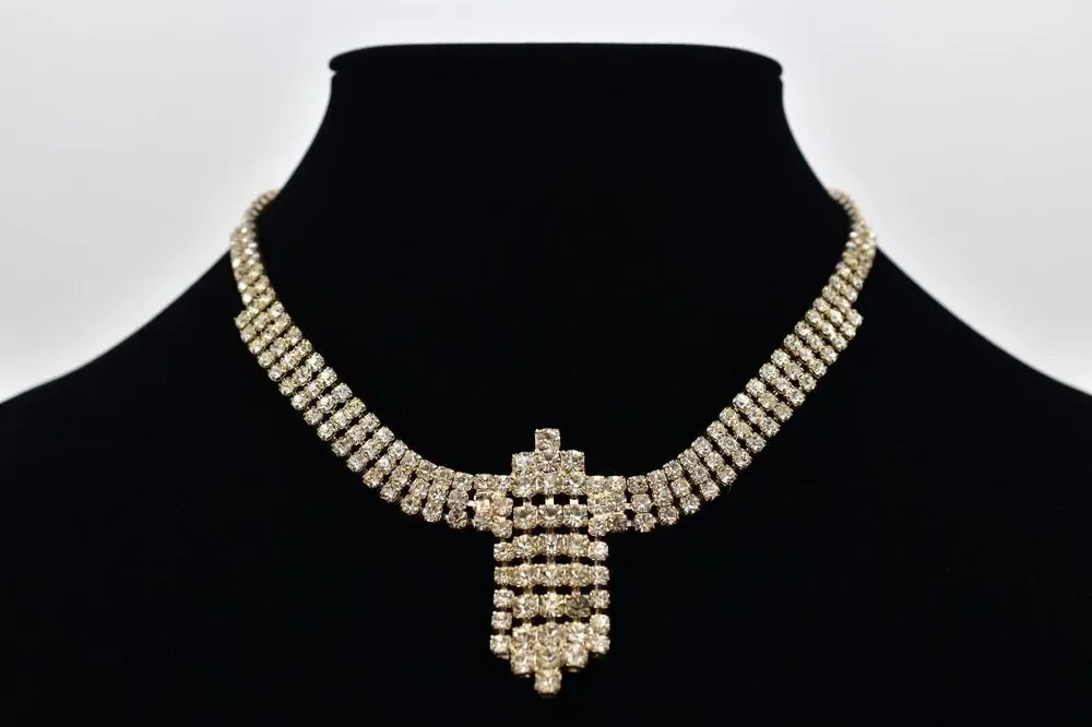 Vintage Crystal Collar Choker Necklace Rhinestone Silver Chunky Glam 1980s BinBJ